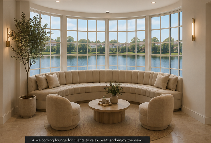 A cozy, modern lounge with a curved beige sofa, two matching armchairs, and a round coffee table with a plant and books, positioned in front of large bay windows overlooking a lake with trees and houses in the distance.