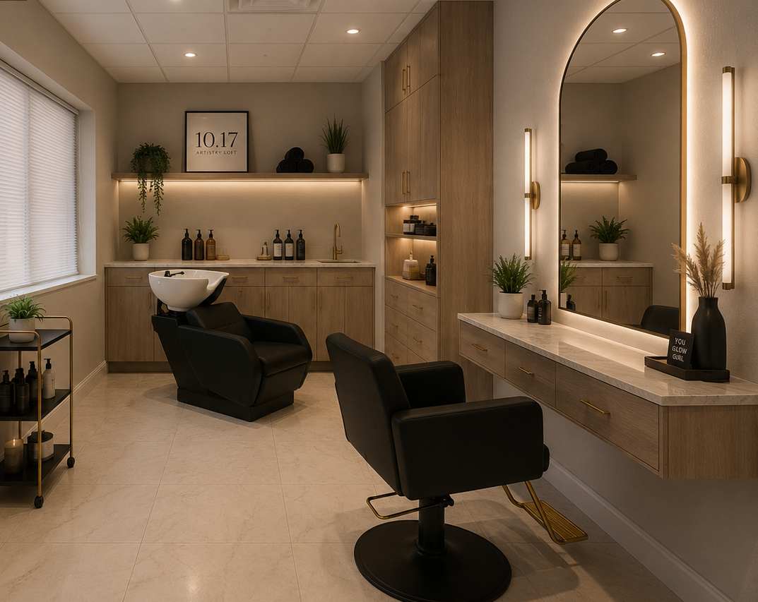 Modern hair salon with two black styling chairs, large mirror, wooden cabinets, and a shampoo basin. Decor includes plants, black bottles, and a framed sign that reads '10.17 ARTISTRY LOFT'.