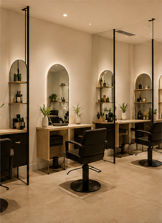 Modern salon with styling stations, black chairs, wooden desks, and shelves decorated with hair products and potted plants.