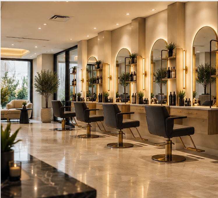 Modern hair salon interior with black styling chairs, large mirrors with warm lighting, and decorative plants.