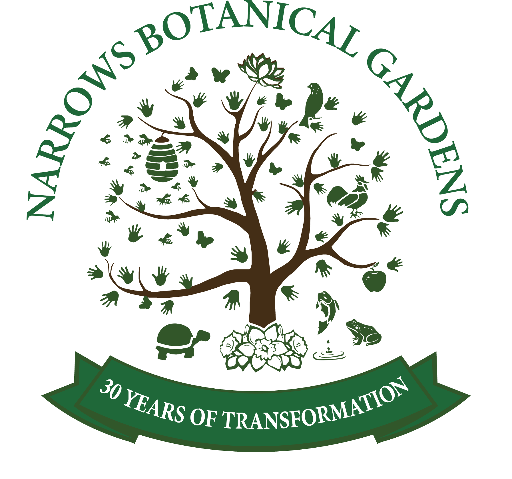 Narrows Botanical gardens Logo 30 years of transformation a tree with volunteer hands