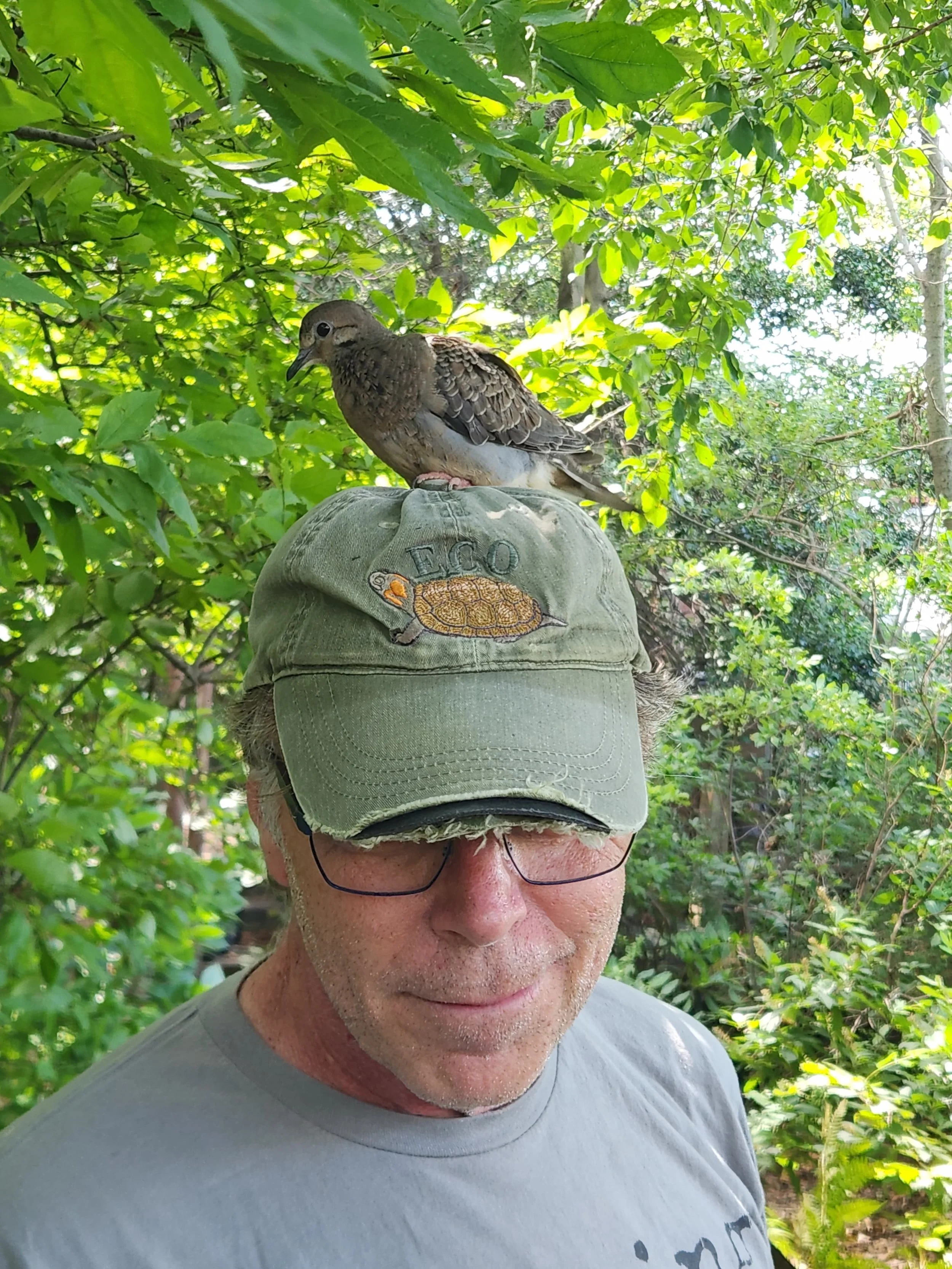 Jimmy with a baby dove on his hat