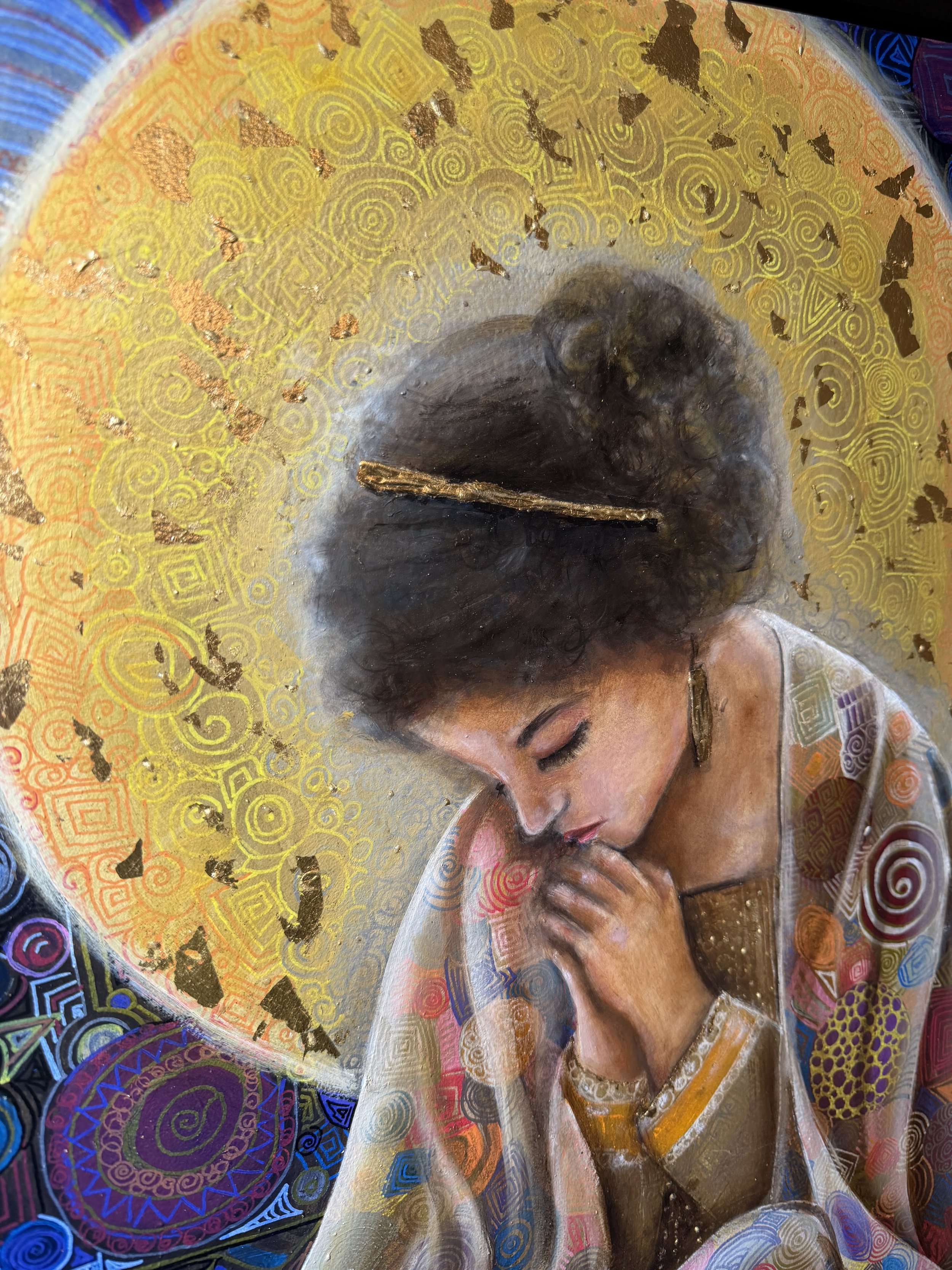 Golden Reverie mixed-media painting with a luminous gold circle behind the figure