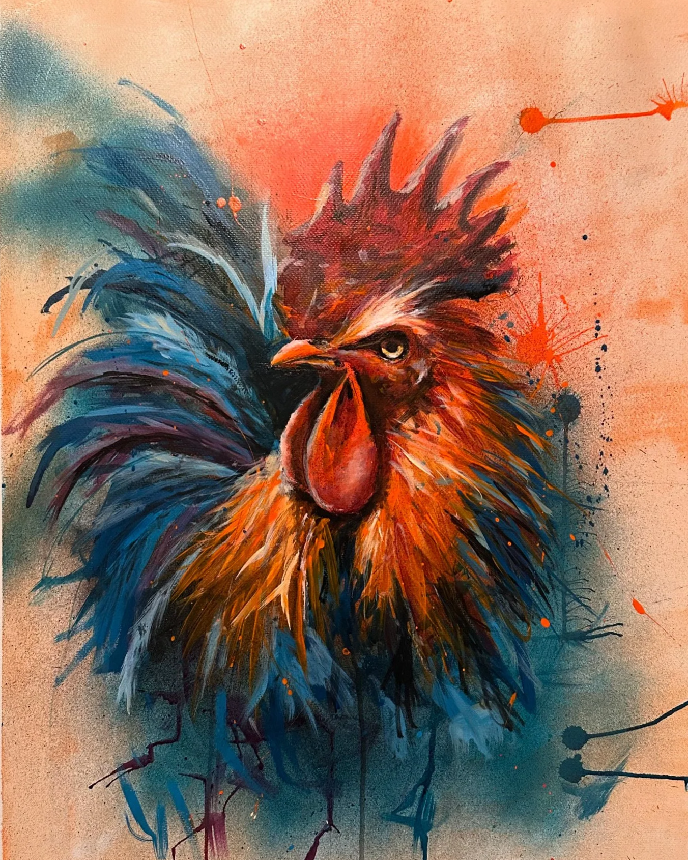 Colorful watercolor painting of a cockerel with vibrant red, orange, blue, and black feathers, and an intense gaze.