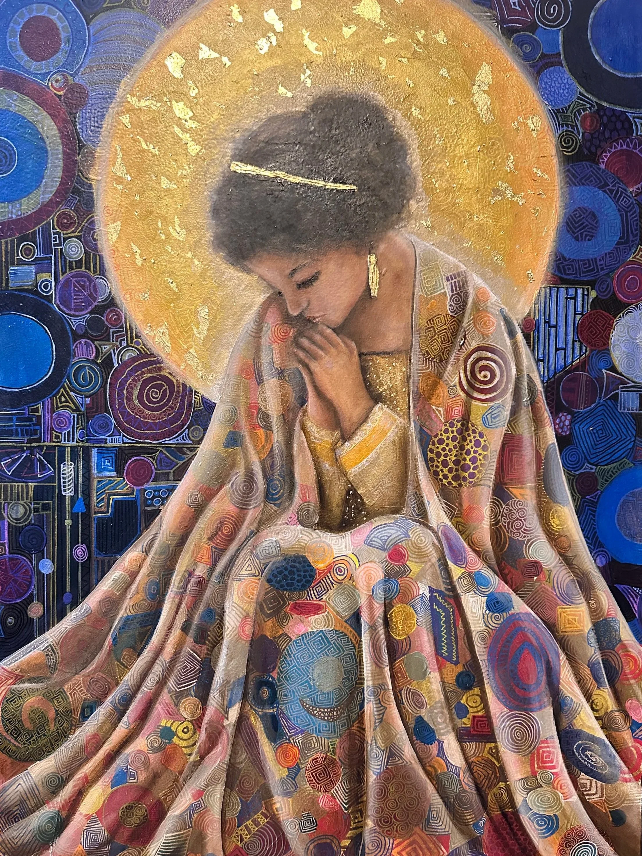 A detailed painting of a woman with dark curly hair, kneeling with her hands clasped in prayer, surrounded by a luminous golden halo and a vibrant, intricate background filled with colorful geometric patterns.