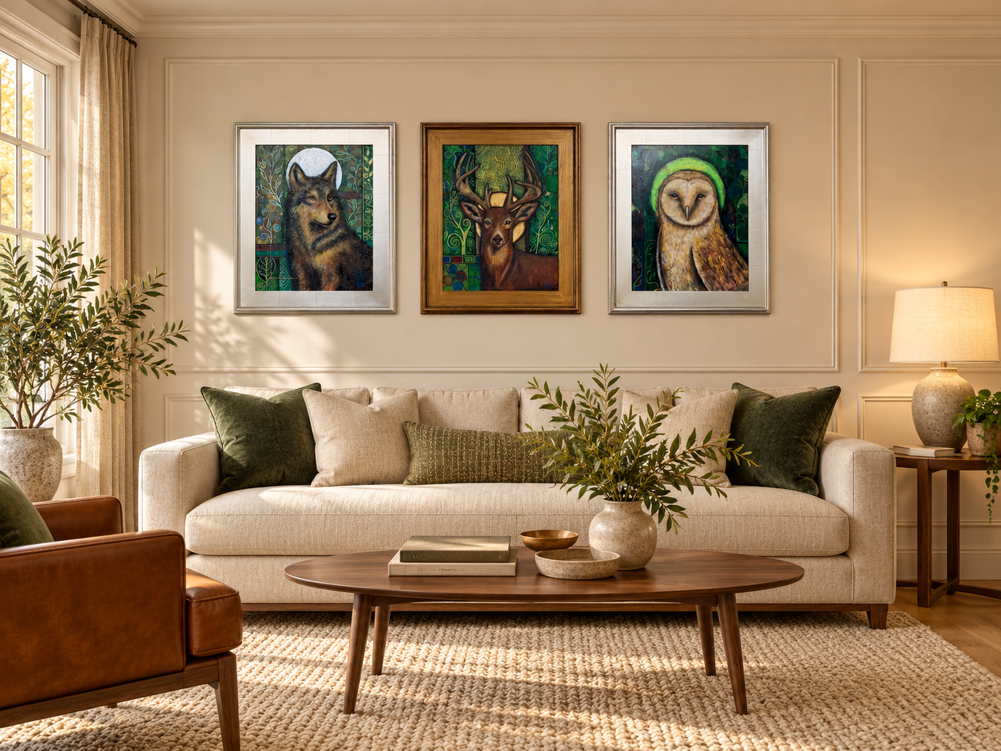 Three Guardians of the Quiet Earth wildlife paintings with gold details and patterned backgrounds