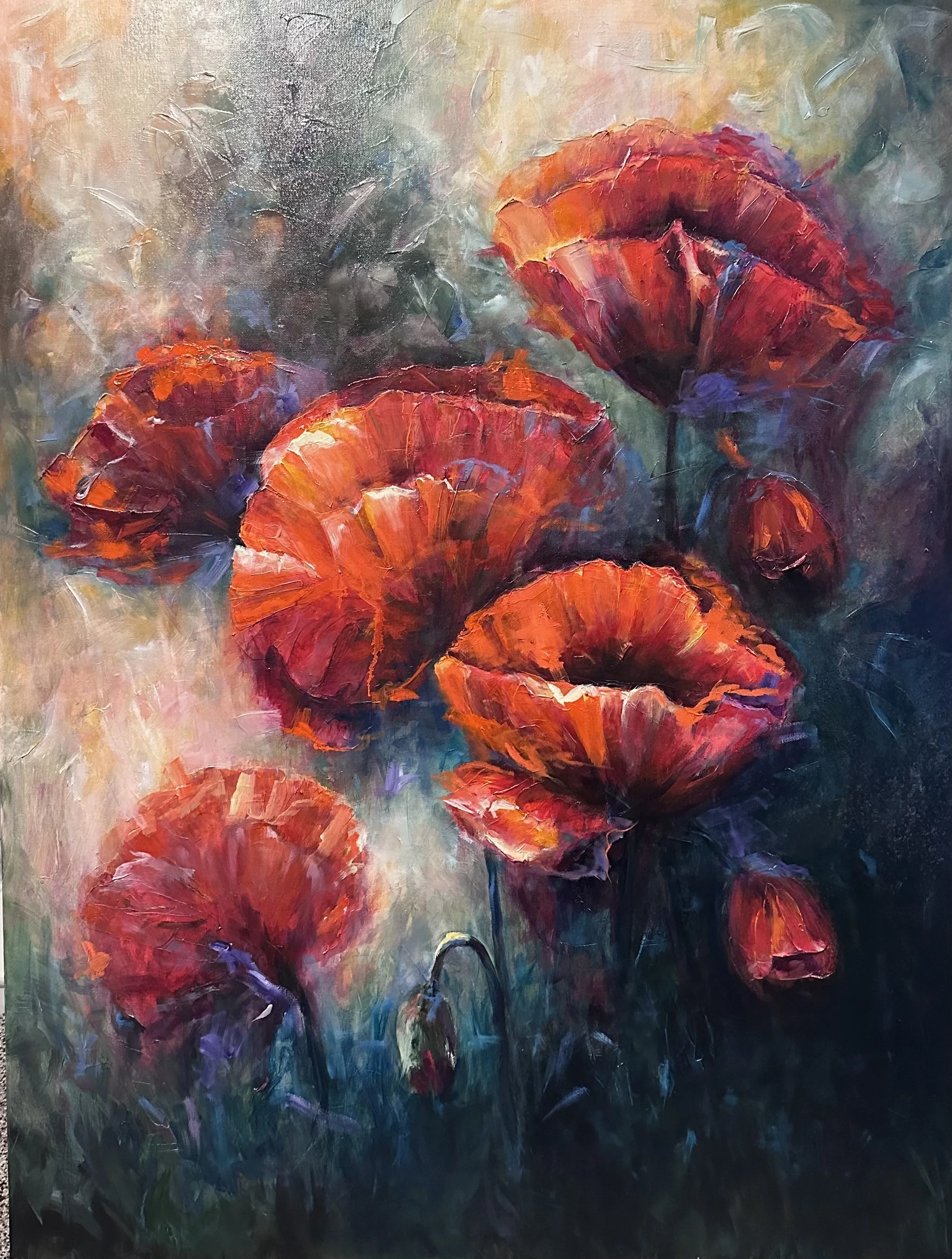 An abstract painting of red poppies with textured brushstrokes, set against a muted background of greens, blues, and beige.