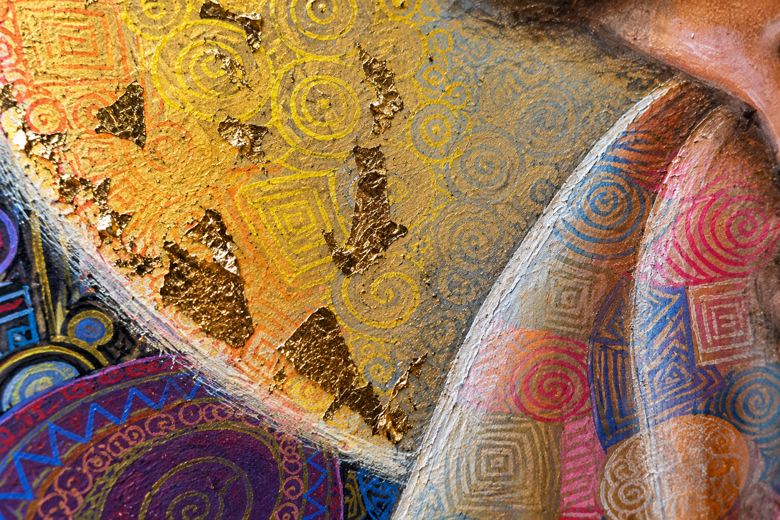 Close-up of hand-applied gold leaf and layered texture in an original painting