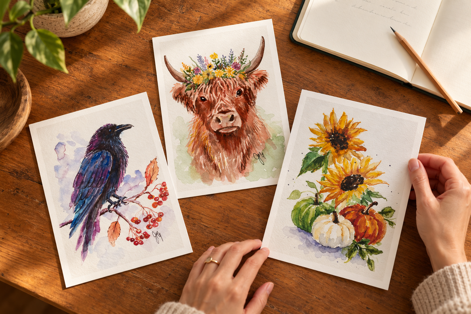 Three small JaeBird Studio nature prints arranged beside a collector’s notebook