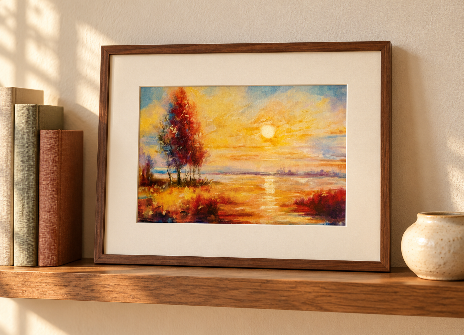 Small nature-inspired art print displayed on a warm picture ledge