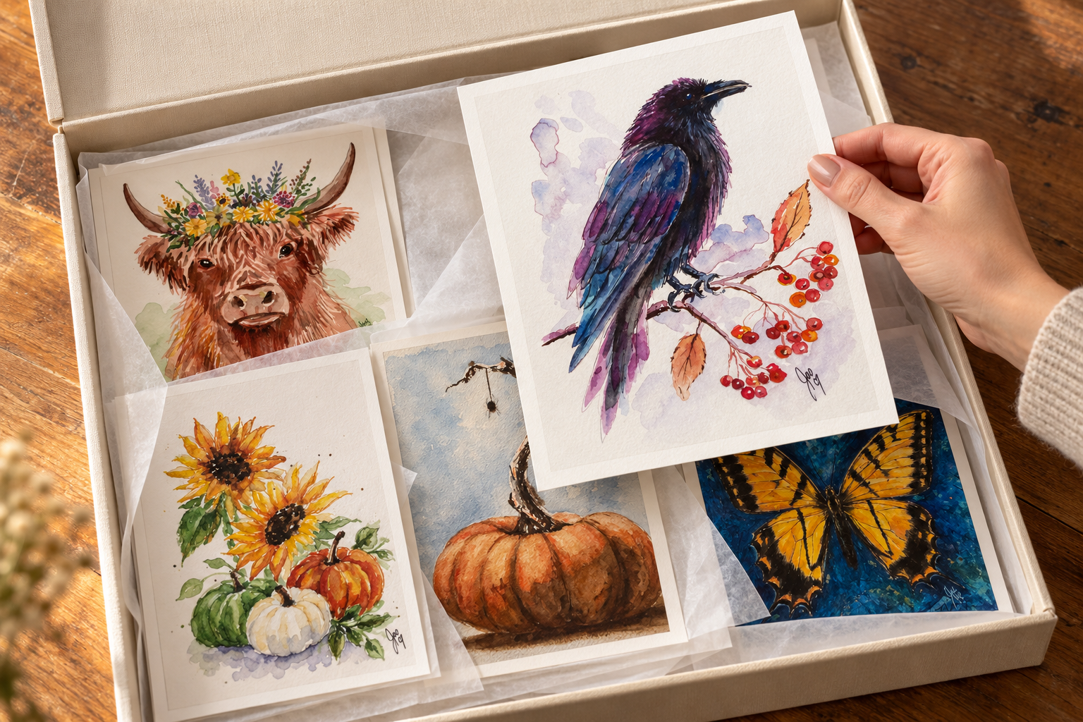 Small JaeBird Studio fine-art prints stored flat in an archival box with a raven print being selected