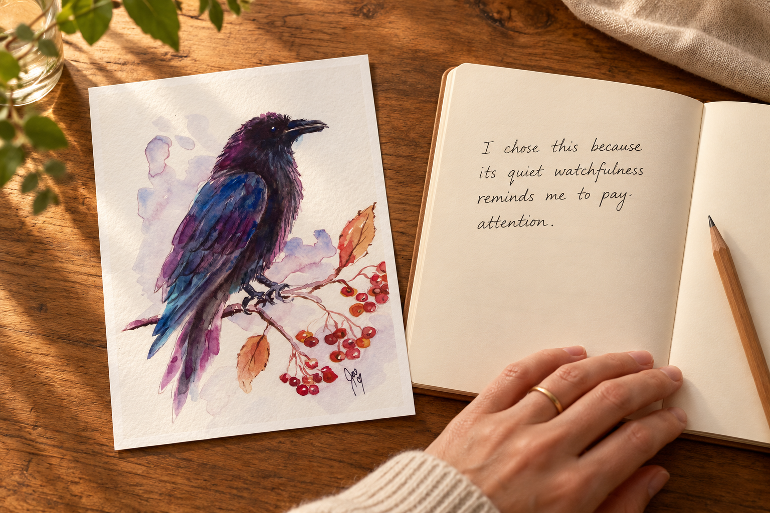 Small nature-inspired art print beside notes recording its title and meaning