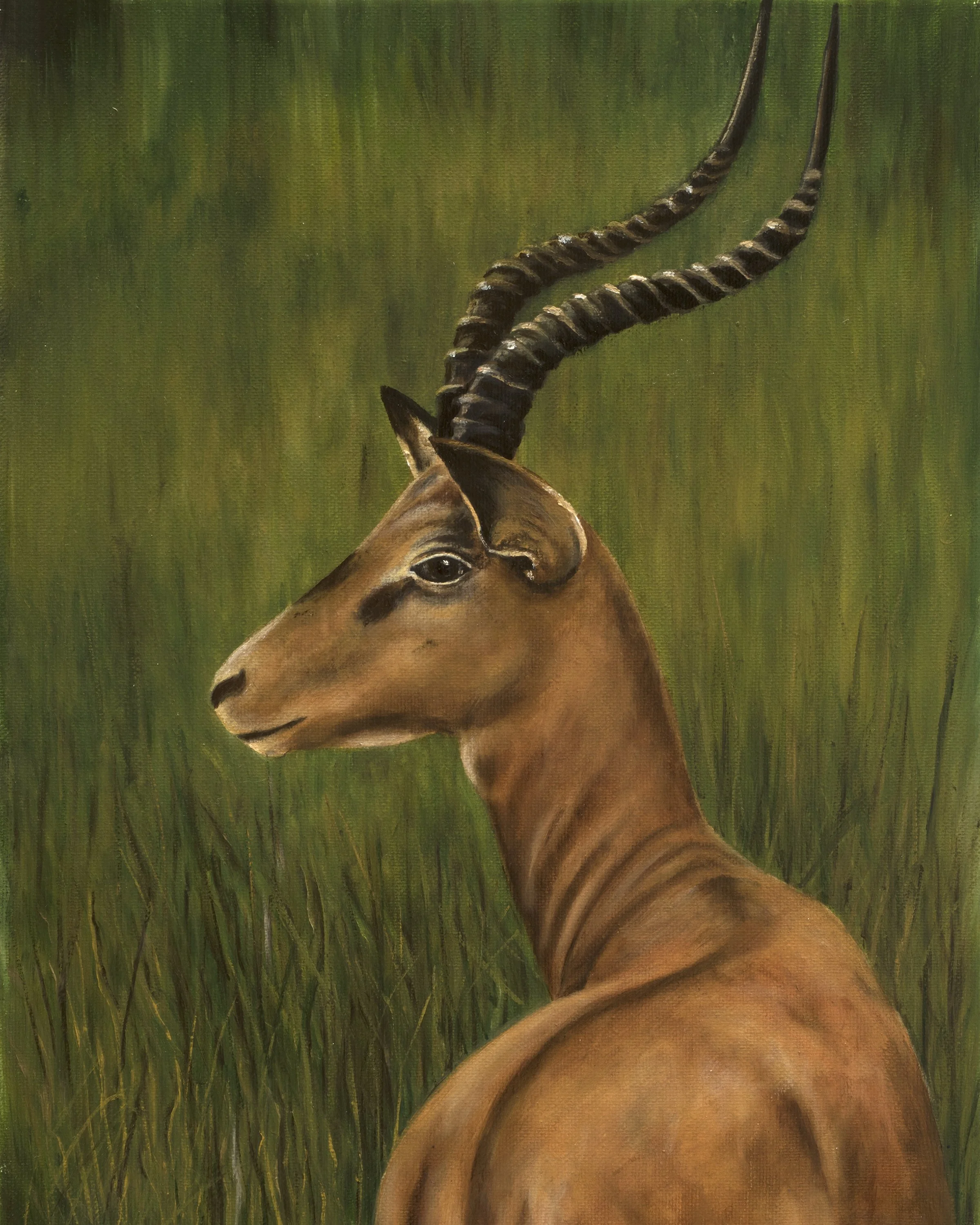 Close-up of a painted animal with large, twisted, dark-colored horns, a light brown body, and a green background.