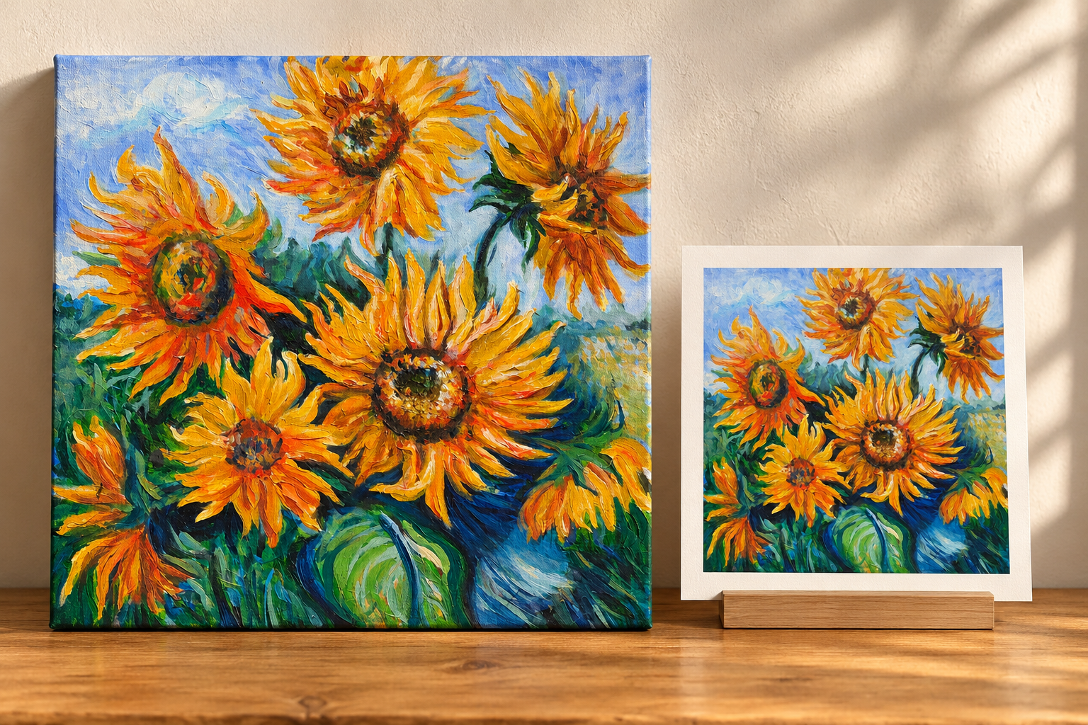Original JaeBird Studio sunflower painting displayed beside its corresponding fine-art print