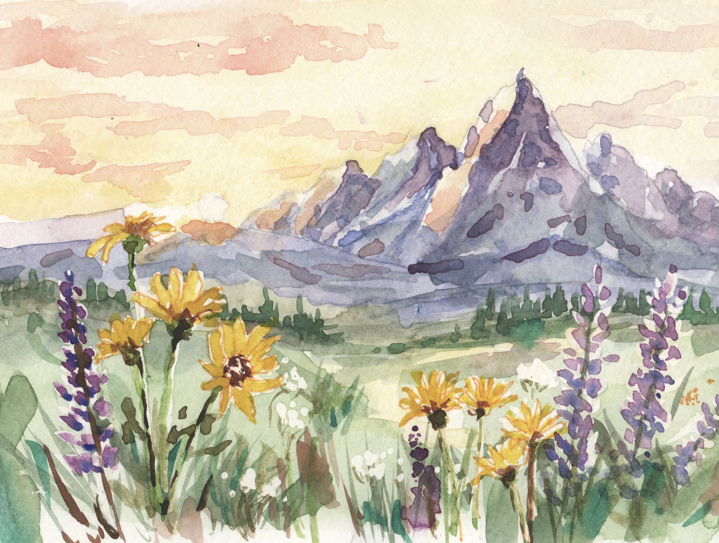 Where Wildflowers Meet the Sky — Original 5×8 Mountain Watercolor
