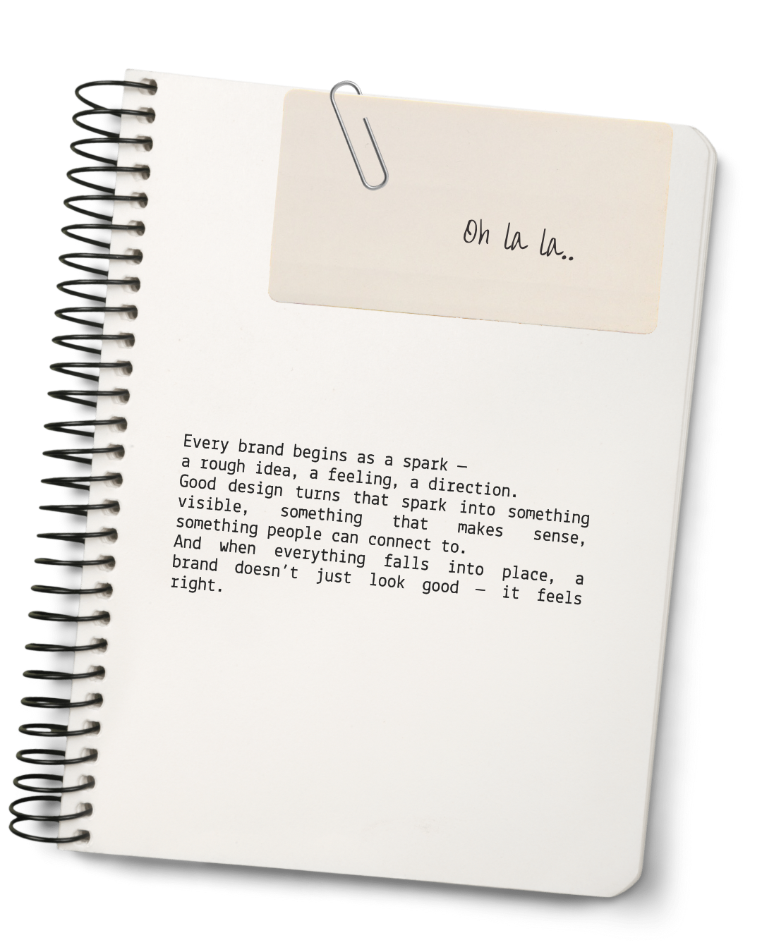 Notizbuch mit Aufschrift "Oh la la..." und einem Zitat über Markenbildung auf einer weißen Seite