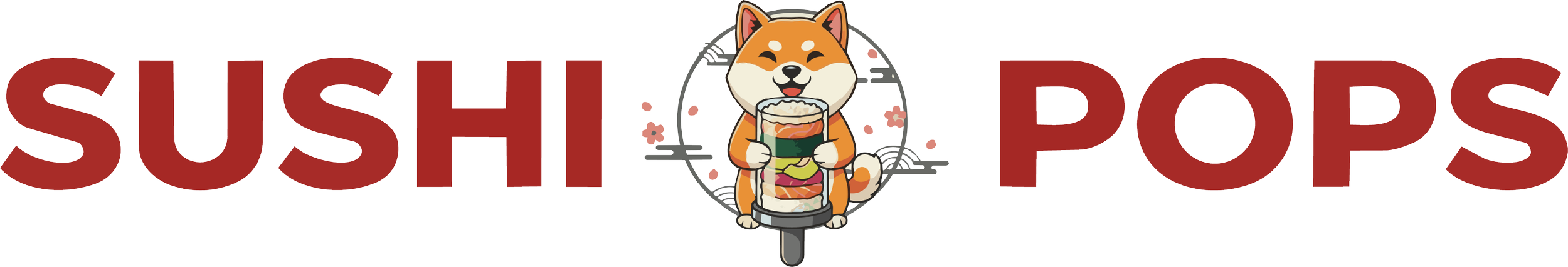 Logo for Sushi Pops featuring a cartoon Shiba Inu dog holding a large bowl of sushi with a stylized background.