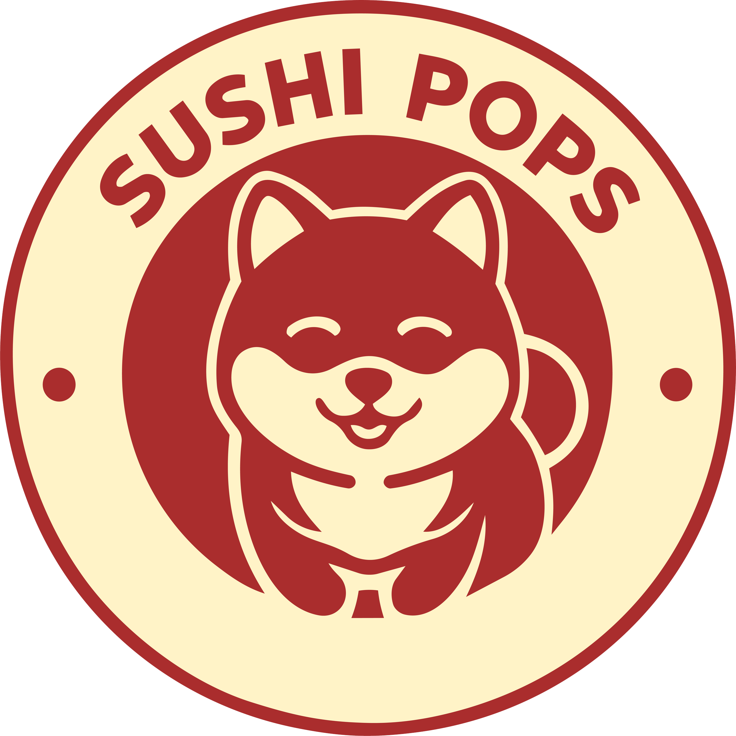 Logo for Sushi Pops featuring a happy smiling dog inside a circle with the text "Sushi Pops" above it.