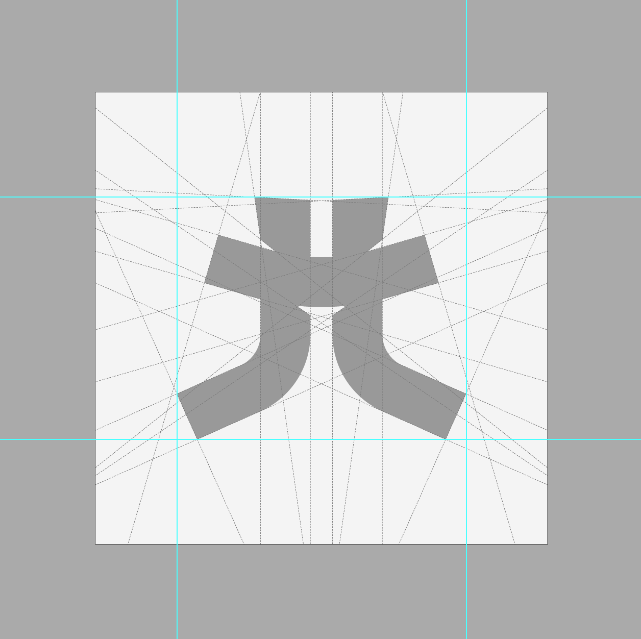 A grayscale abstract logo design featuring symmetrical shapes and lines on a white background, with a gray background border