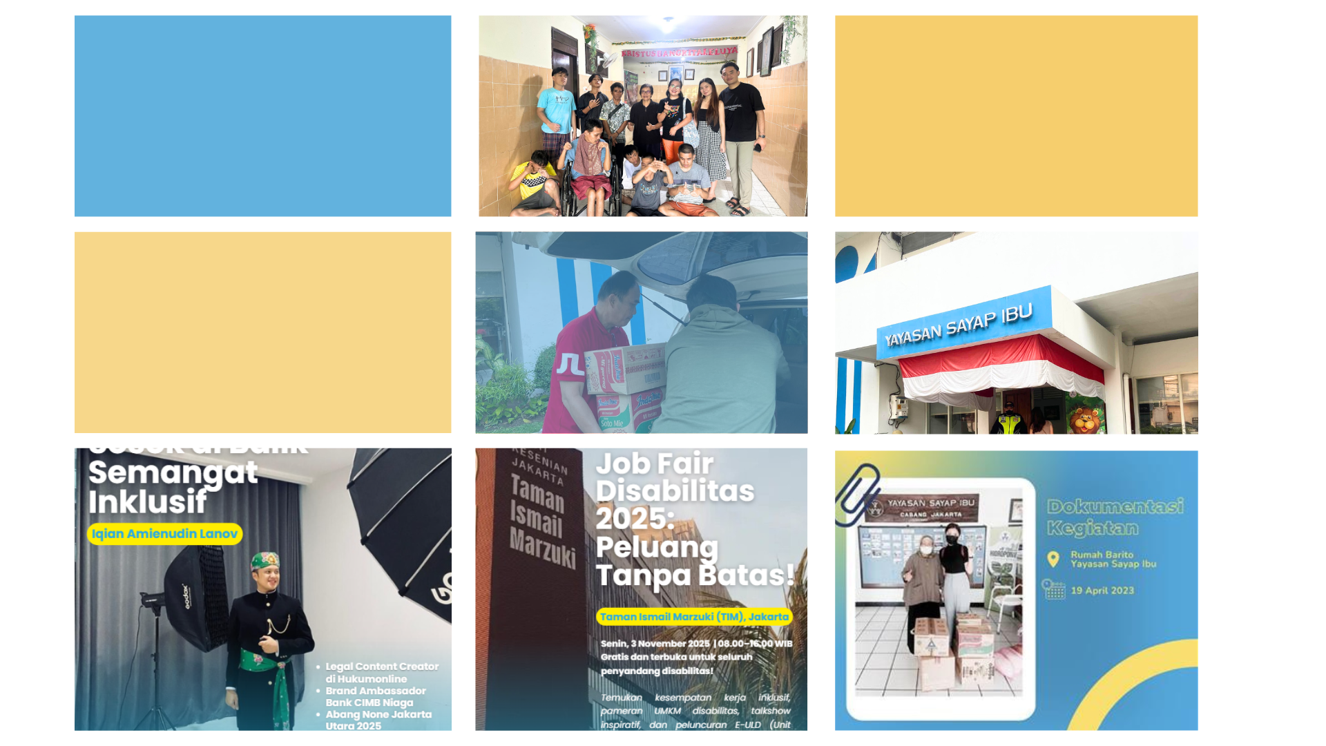 collage of images featuring group photos, event posters, and informational displays, including a group of people in a hallway, individuals unloading goods from a vehicle, a building entrance with a sign, and presentations on economic and inclusive finance topics.