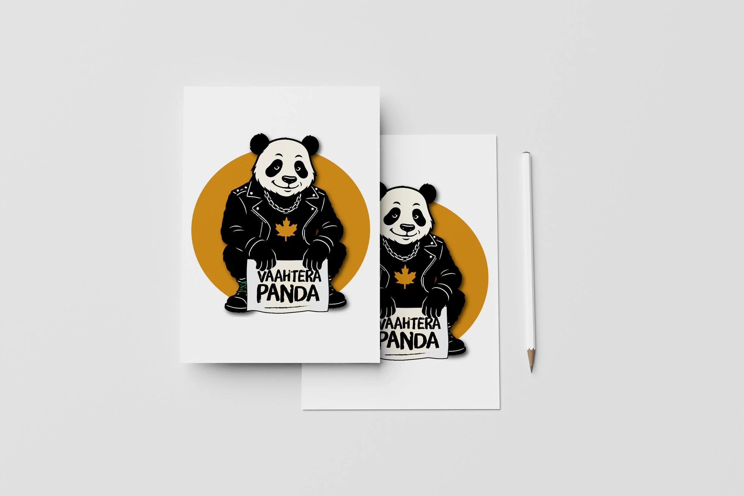 Grafiikka kuva panda-hahmosta pukeutuneena nahkatakkiin ja ketjuun, joka pitää kyltissä lukevan tekstin "VAAHTERA PANDA".