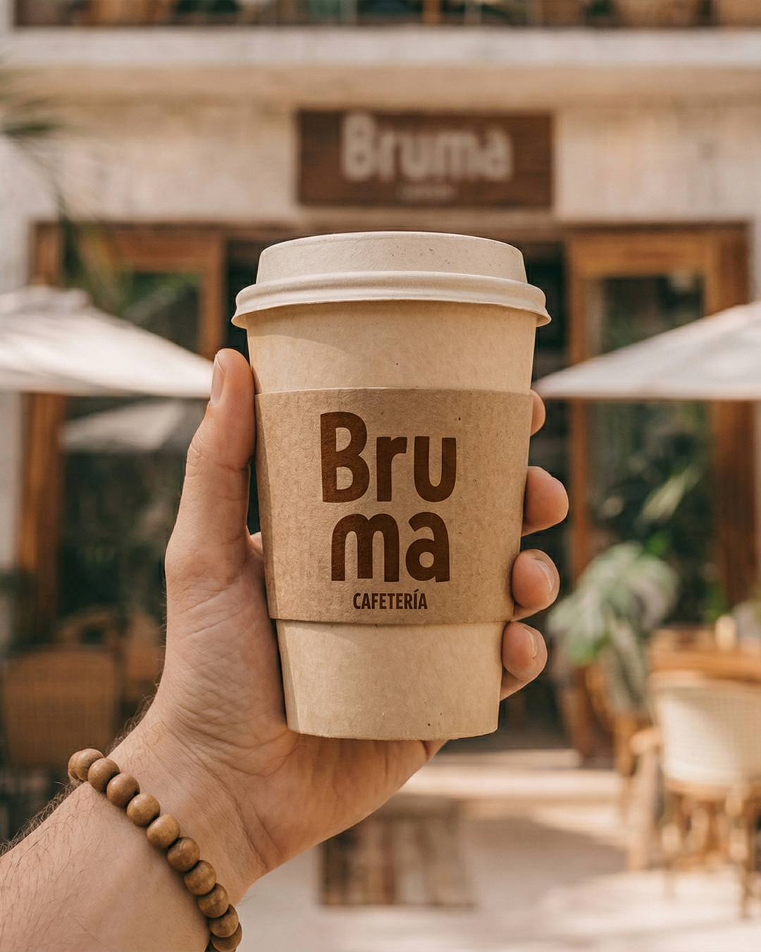 Una mano sostiene un vaso de café con tapa, con una funda de papel que dice "Bruma Cafetería". En el fondo, se ve la fachada de la cafetería con un cartel y algunas mesas con sombrillas en un ambiente al aire libre.