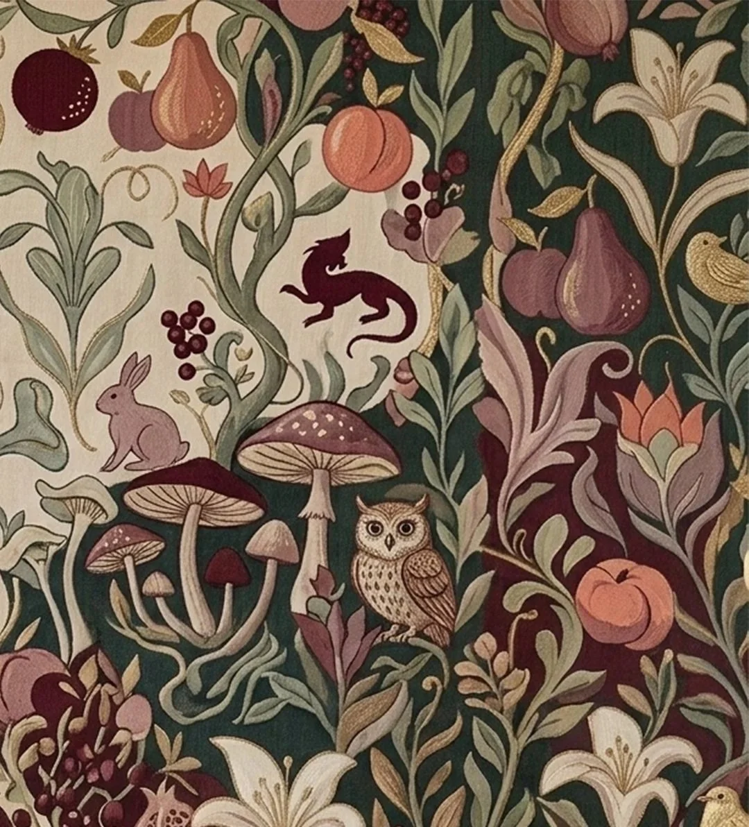 Diseño decorativo con animales y plantas, incluyendo un búho, un conejo, un gato, setas, frutas y hojas en tonos terrosos y pastel.