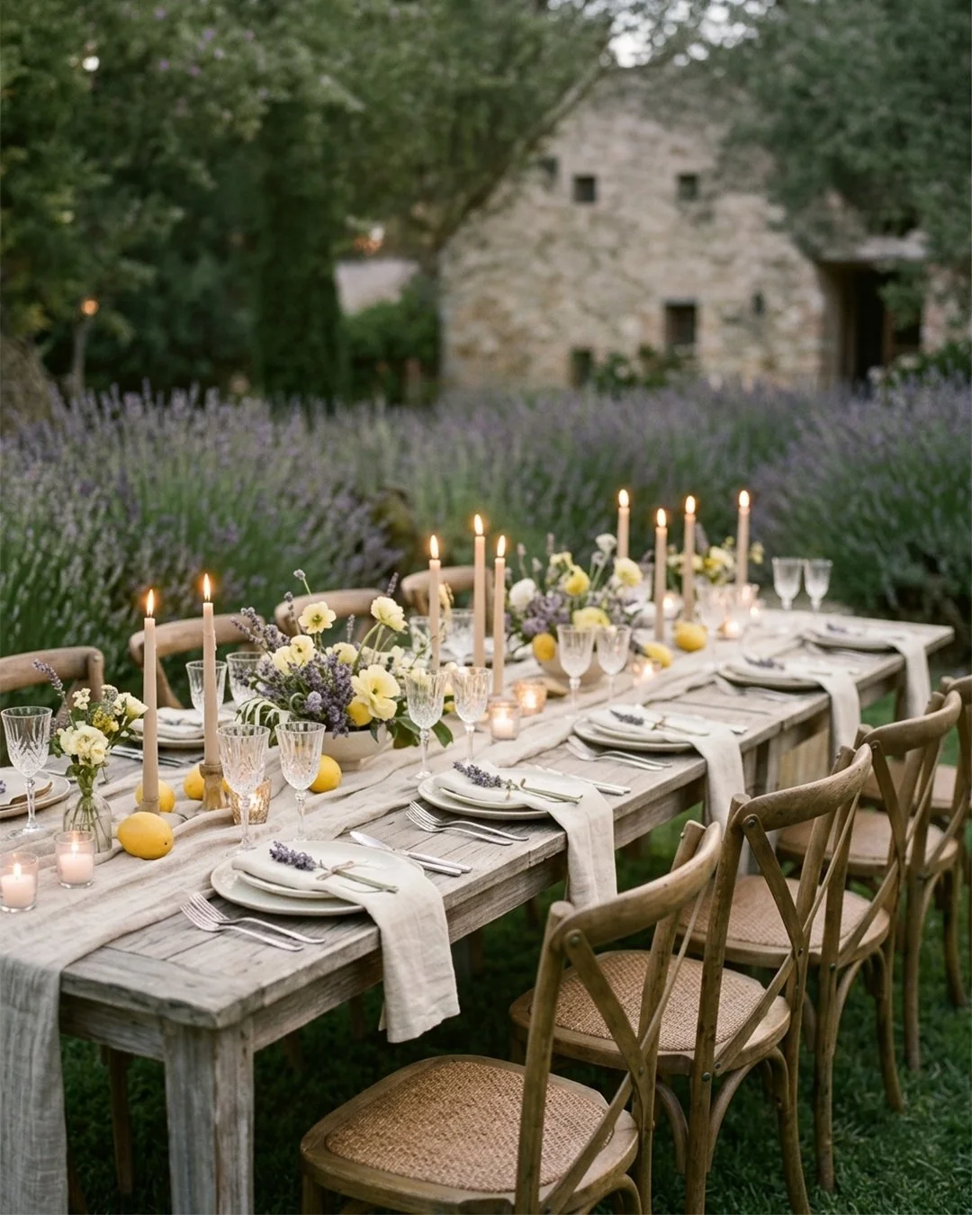 Mesa decorada para una cena al aire libre rodeada de lavanda y árboles, con velas, flores blancas y amarillas, y vajilla elegante.