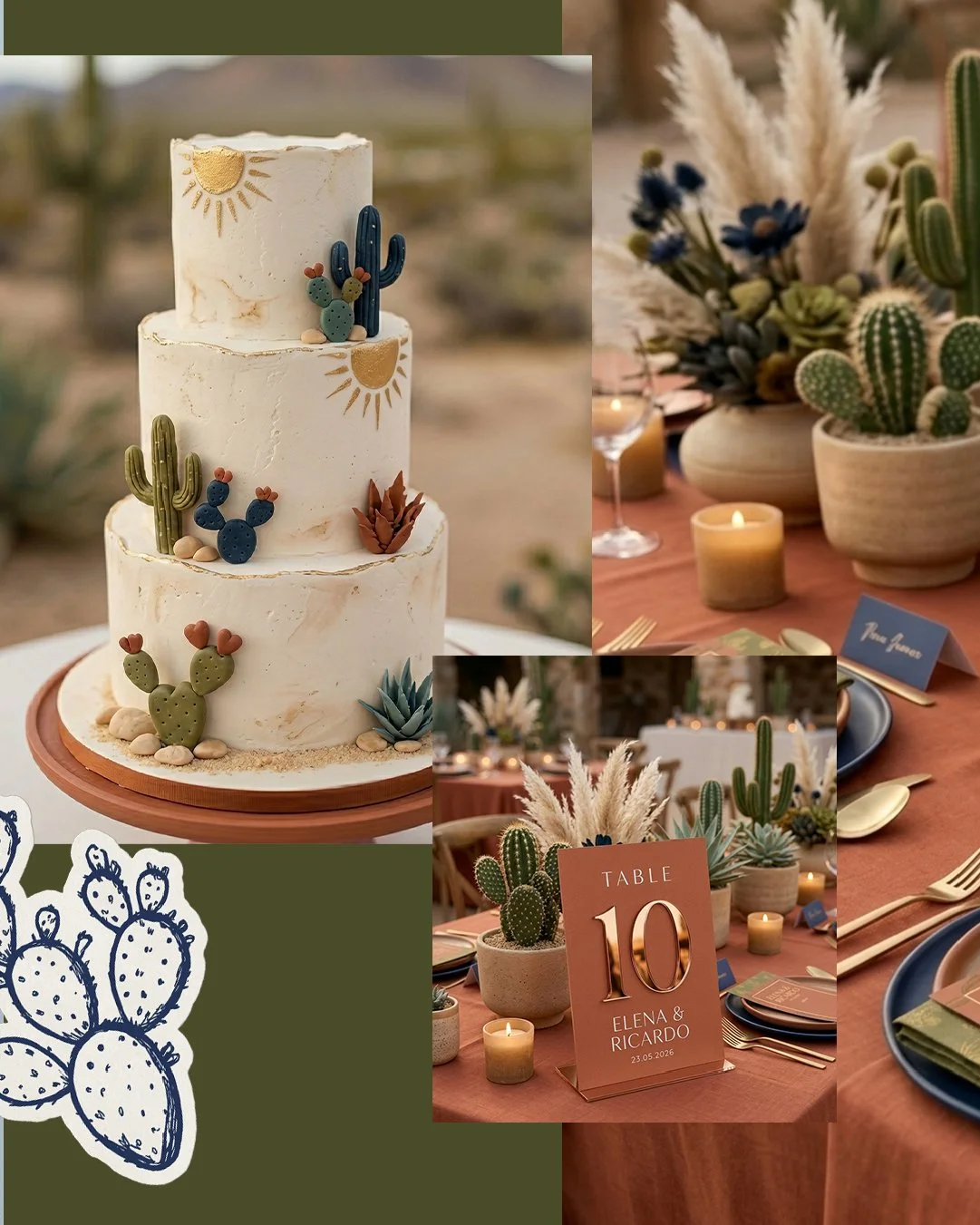 Decoración de boda con tema desértico, incluyendo pastel de tres niveles con cactus y sol dorado, mesas con arreglos de plantas suculentas y cáctus en vasijas, y velas en tarros pequeños.