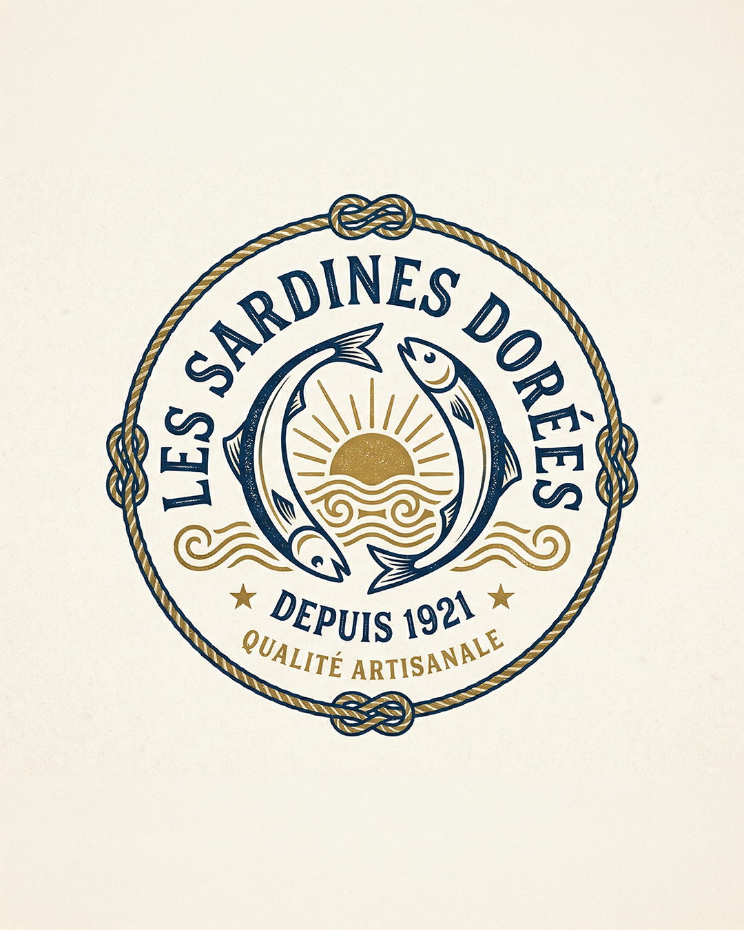 Etiqueta de productos del mar con dos pescados que enmarcan un sol naciente sobre el mar, texto en francés e inglés, que dice "Les Sardines Dorées" "Desde 1921" y "Calidad Artesanal".