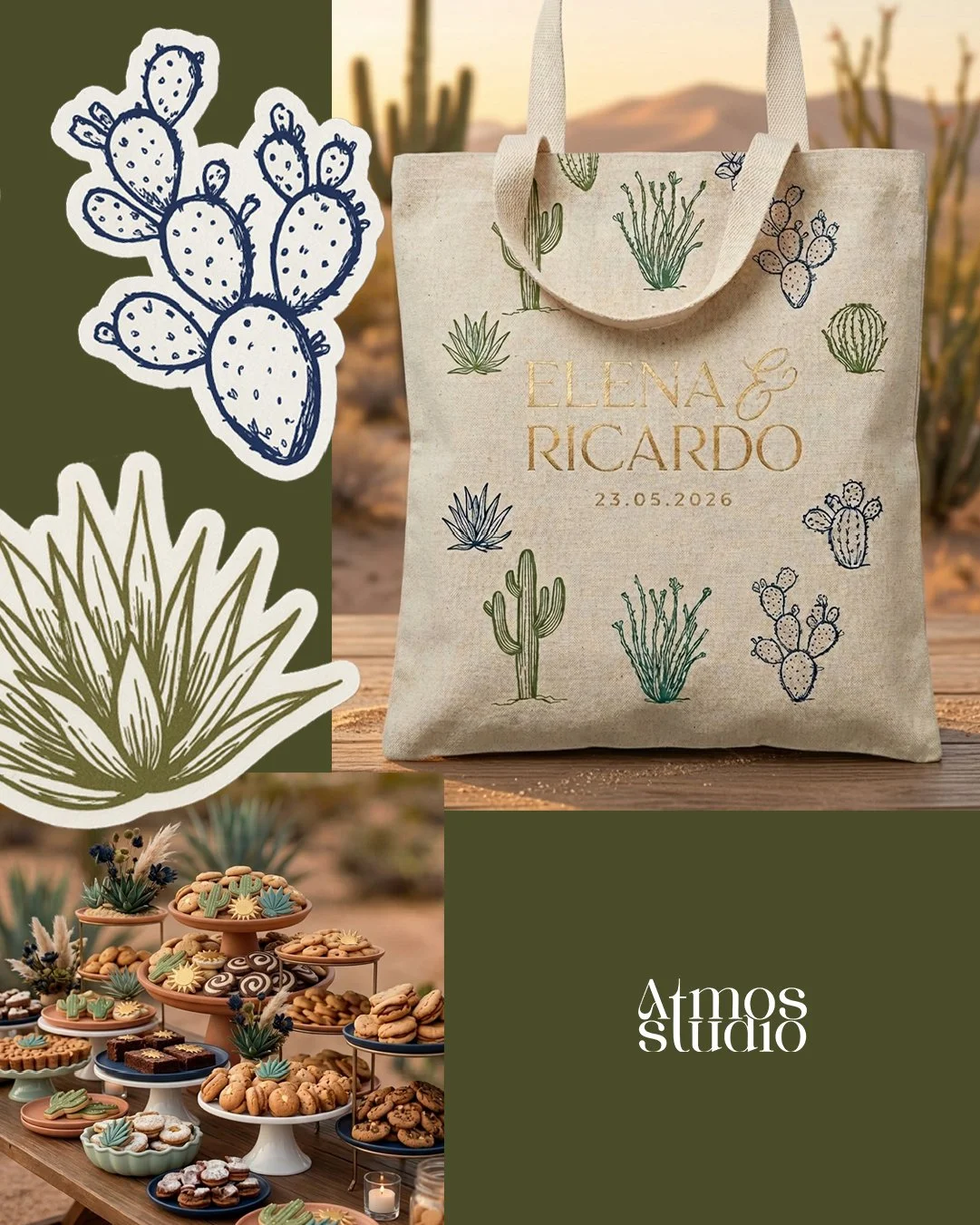 Paquete de regalo con nombres Elena y Ricardo, fecha 23-05-2026, decorado con ilustraciones de cactos y succulentas. Mesa con variedad de galletas decoradas en forma de cactus y figuras relacionadas, decorada con plantas y un desierto en el fondo.