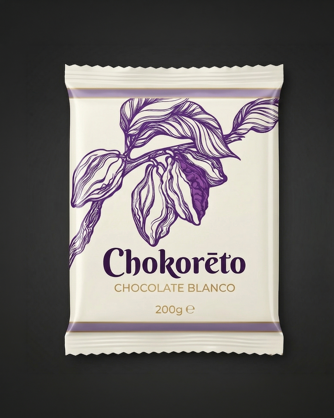Paquete de chocolate blanco de la marca Chokoreto, con ilustración de hojas de cacao en tonos morados, peso de 200 gramos.
