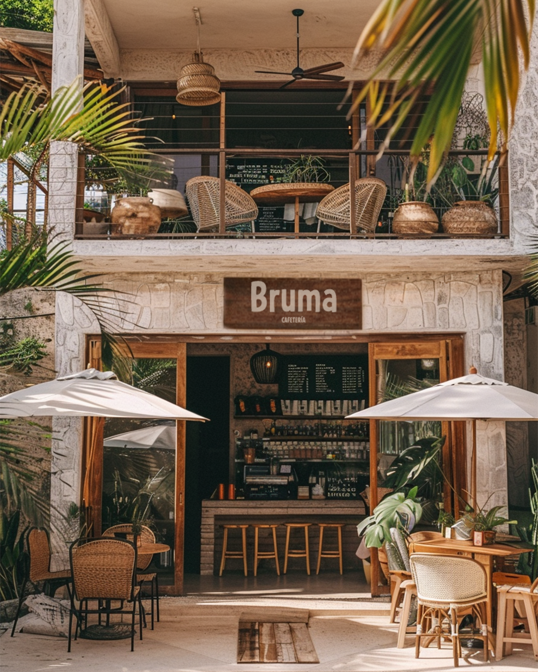 Fachada de una cafetería llamada 'Bruma' con espacio al aire libre y mobiliario de mimbre y madera, rodeada de plantas verdes.