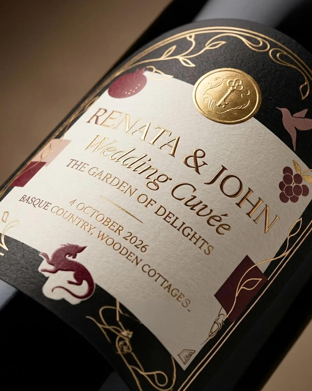 Etiqueta de botella de vino con texto en inglés y detalles dorados y burdeos, incluyendo una ilustración de grano y un dragón en la esquina inferior.