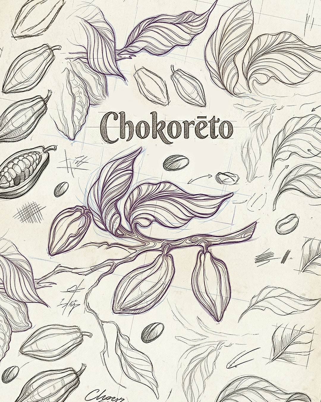 Bocetos de cacao, hojas y semillas con la palabra 'Chokoréto' en el centro.