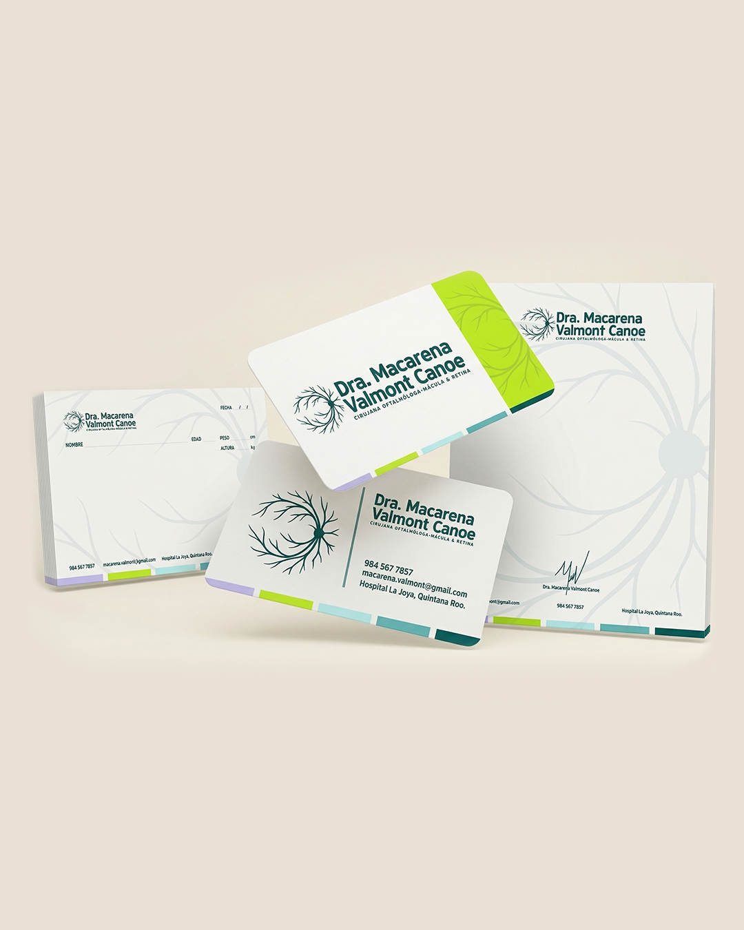 Tarjetas de presentación y papel membretado para la Dra. Macarena Valmont Cano, cirujana oftalmóloga, con logotipo de una rama de árbol y contacto en Hospital La Joya, Quintana Roo.