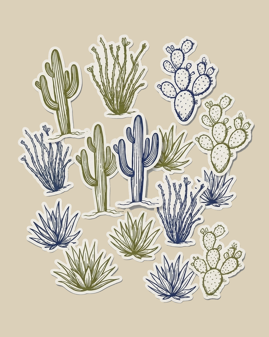 Adhesivos de diferentes tipos de cactus y plantas suculentas en tonos verdes y azules sobre un fondo beige.