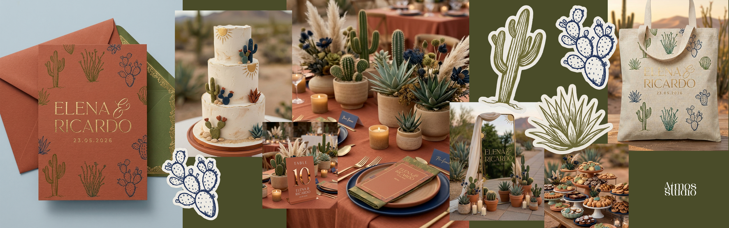 Decoración de evento con temática de cactus y desierto, incluyendo invitaciones, pastel, centros de mesa, estuche de regalo, decoraciones de cactus y comida, con colores terracota, verdes y tonos neutros.