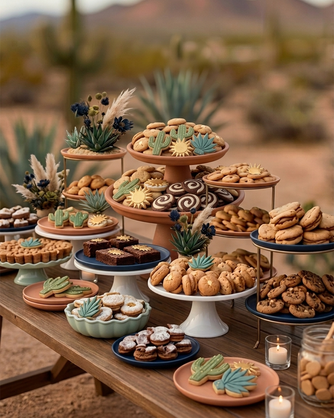 Mesa con variedad de dulces y galletas decoradas con motivos de cactus y sol, rodeada de plantas suculentas y flores secas, en un entorno exterior desértico al atardecer.