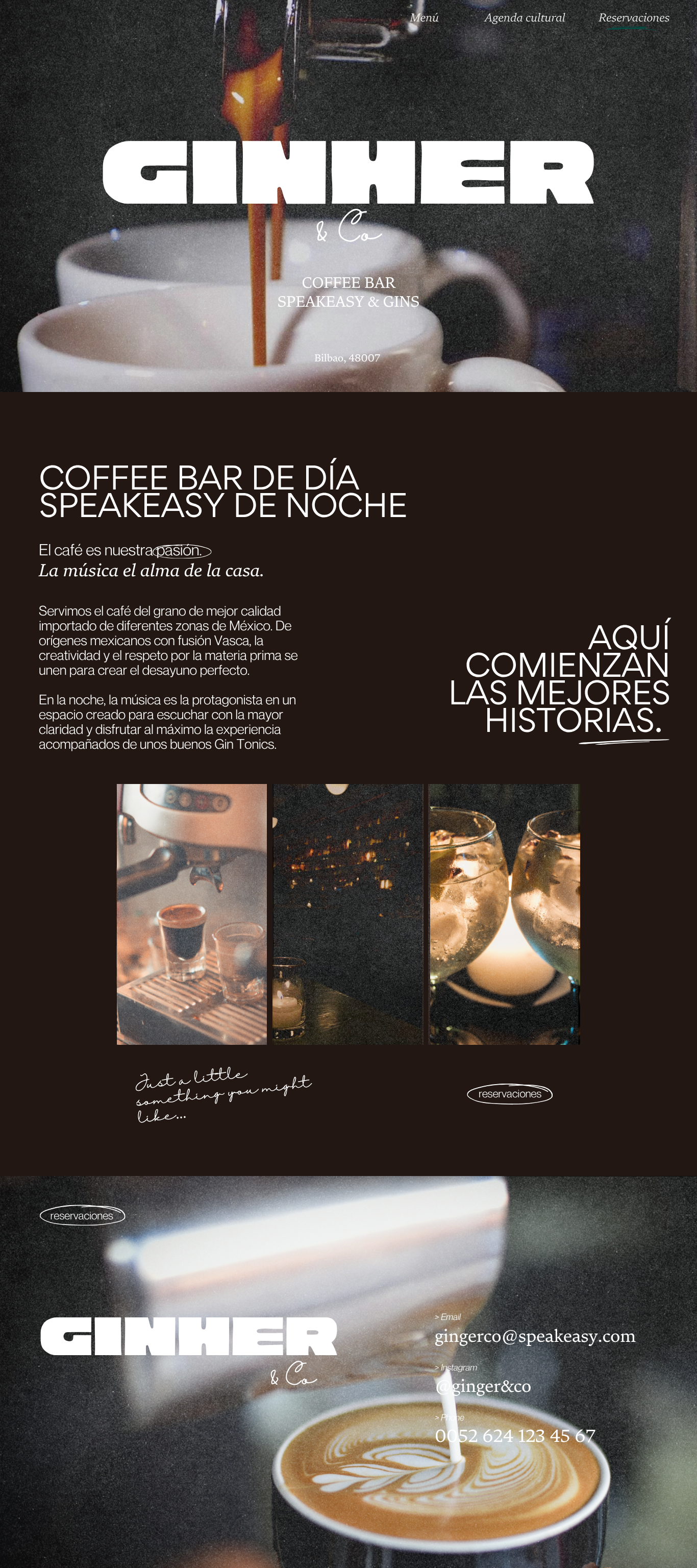 Cartel de café y bar llamado Ginner & Co, ofreciendo bebidas como café y gin tonic, con imágenes de tazas de café y cócteles, en una decoración con ambiente nocturno y detalles de contacto, en Bilbao, España.