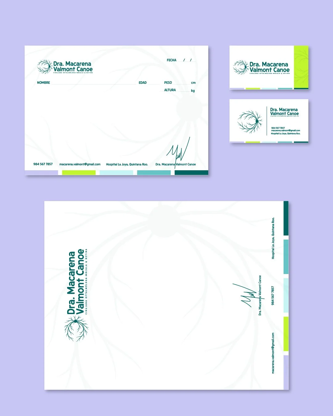 Conjunto de material de oficina para una clínica oftalmológica: una hoja de historia clínica, una tarjeta de presentación, una hoja de papel tamaño carta y una tarjeta con información de contacto, todos con logotipo y colores verde y azul.