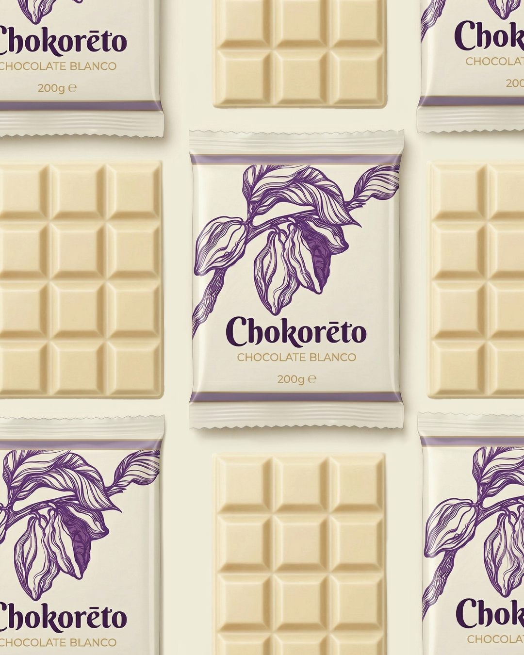 Barras de chocolate blanco y paquetes de chocolate blanco con una ilustración de hojas moradas y el texto 'Chokoréto' y 'Chocolate Blanco'.