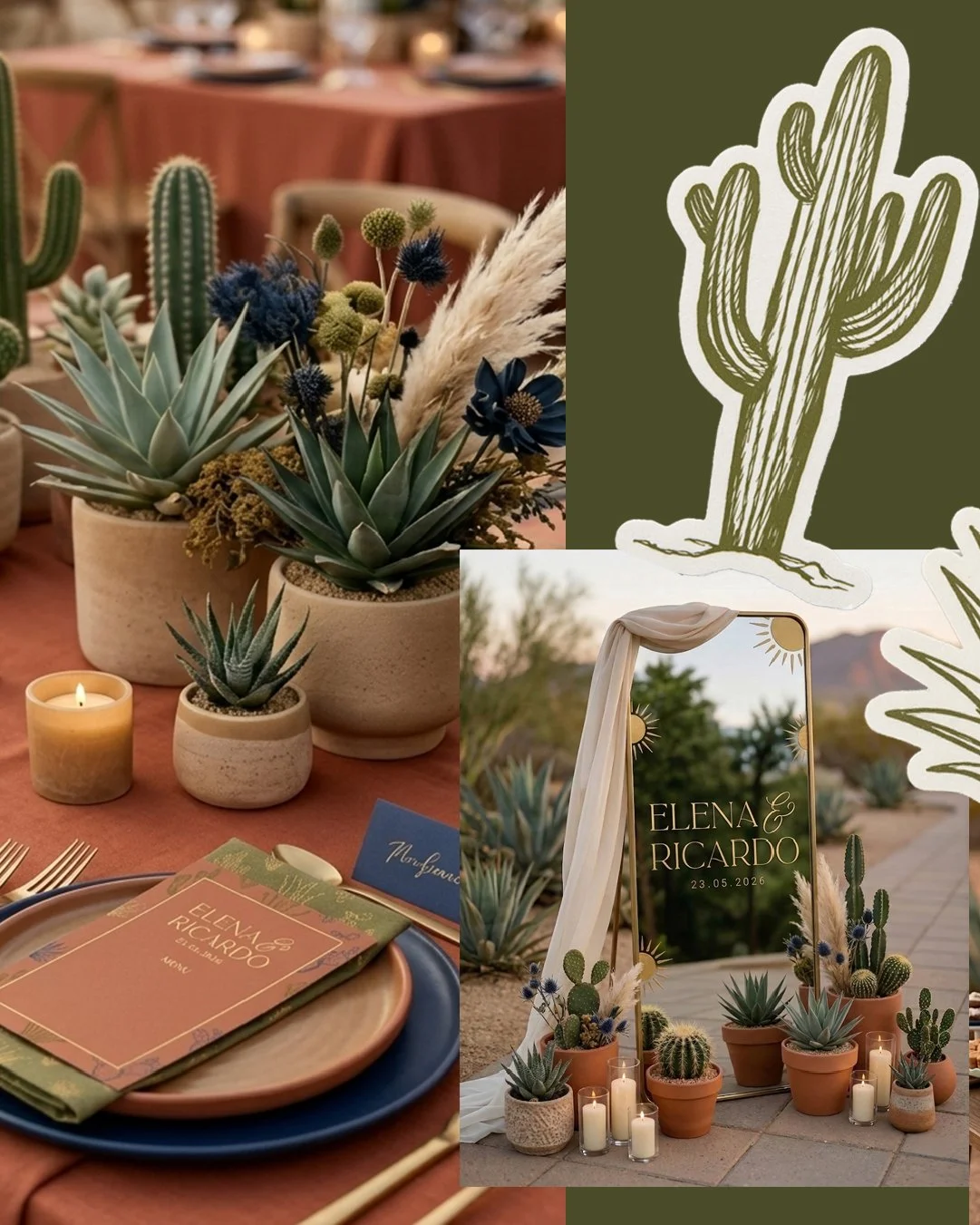 Decoración con plantas suculentas y cactus, velas, invitación de boda con nombres Elena y Ricardo, en un ambiente exterior con paisaje de montaña.