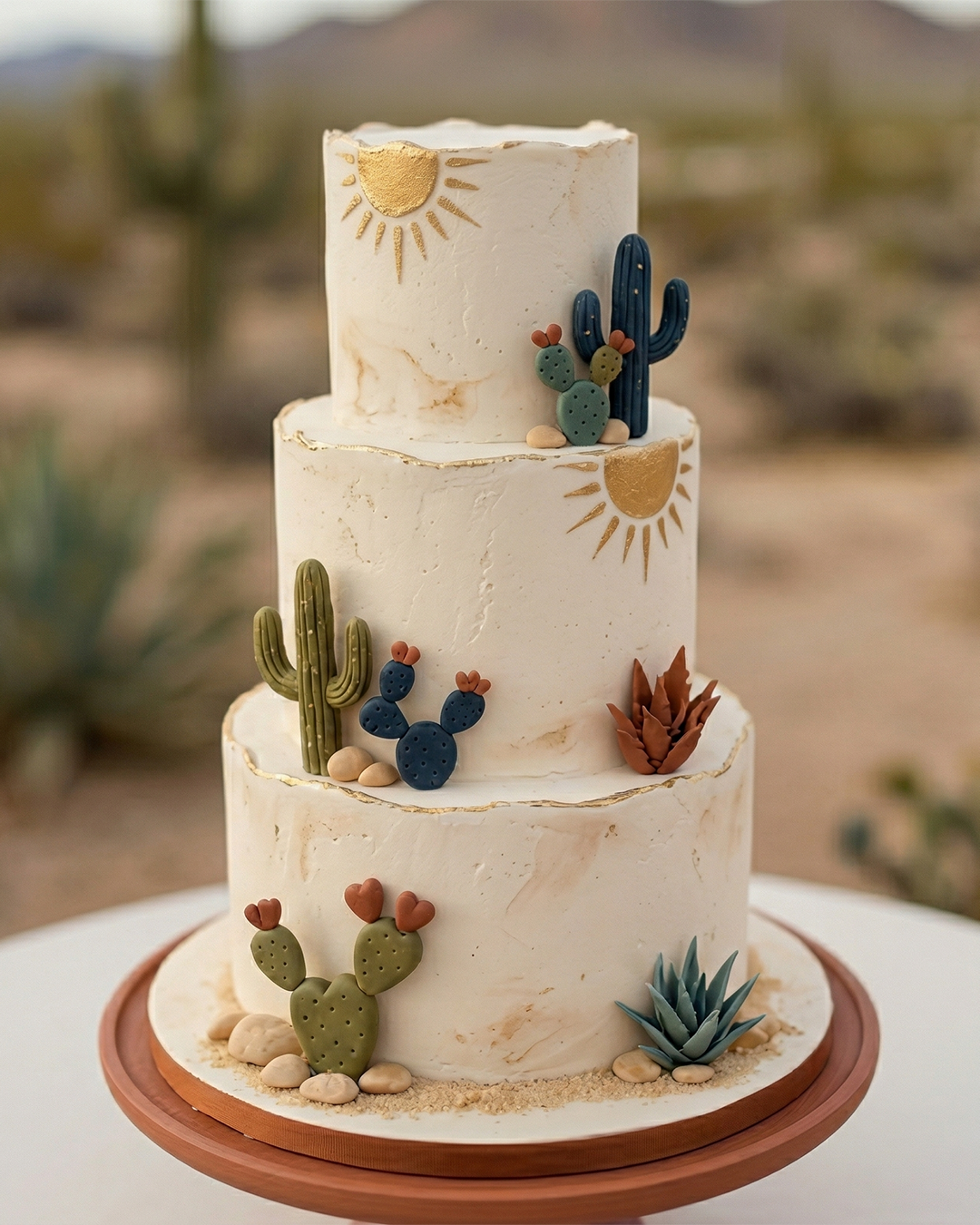 Pastel de tres pisos decorado con motivos del desierto, incluyendo cactus de fondant y un sol dorado, en un ambiente árido con plantas suculentas.