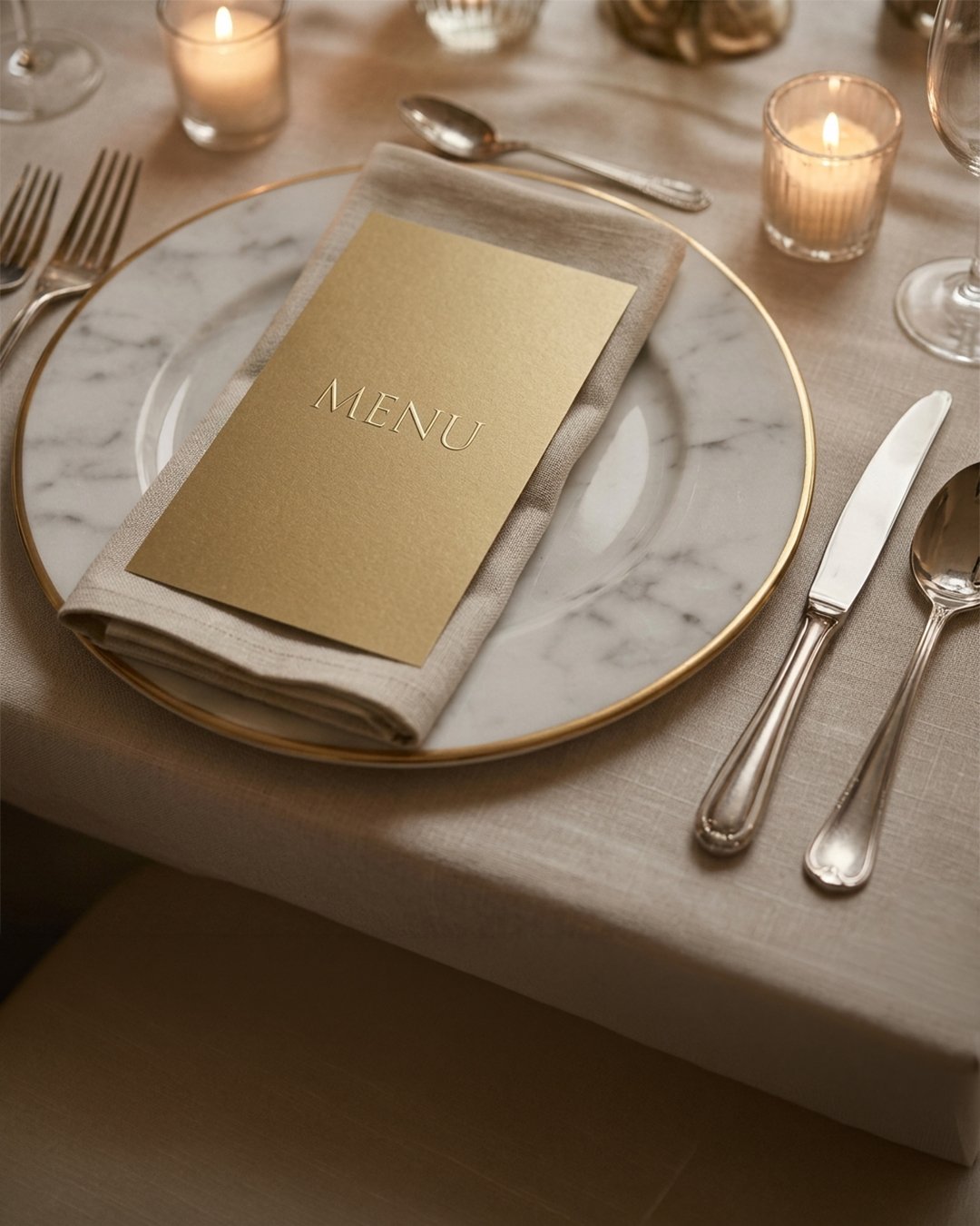 Mesa elegante con plato de mármol, cubiertos de plata, vela encendida y un menú dorado sobre una servilleta beige.