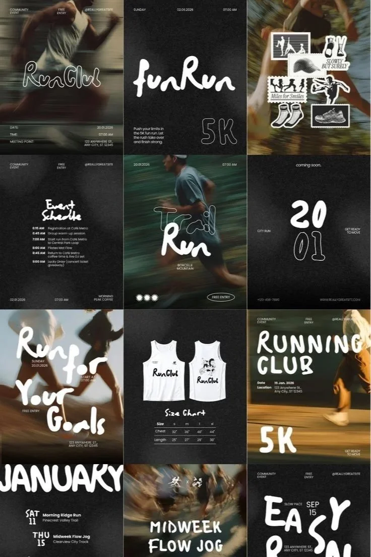 A collage of promotional images for a running event, including race schedules, participant goals, T-shirt size chart, and imagery of runners in motion.