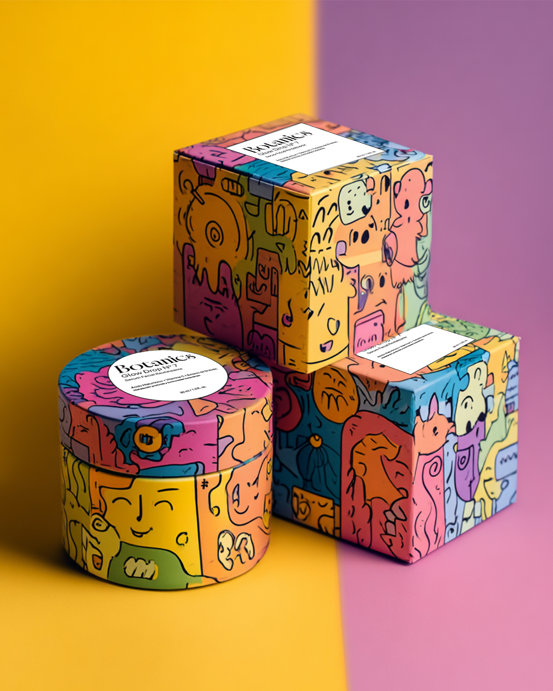 Tres cajas decoradas con dibujos coloridos en fondo amarillo y rosa.