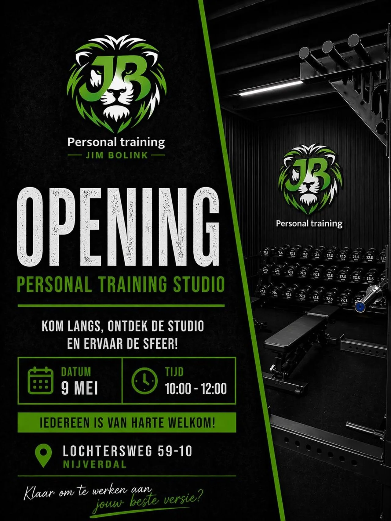 Opening studio &ndash; 9 mei 

Een eigen plek waar de afgelopen tijd hard aan is gewerkt 🚀
Op 9 mei gaan de deuren open.

Loop binnen, kijk rond en ervaar de ruimte.
Iedereen is welkom!

📍 Lochtersweg 59-10, Nijverdal
🗓️ 10:00 &ndash; 12:00

Tot d