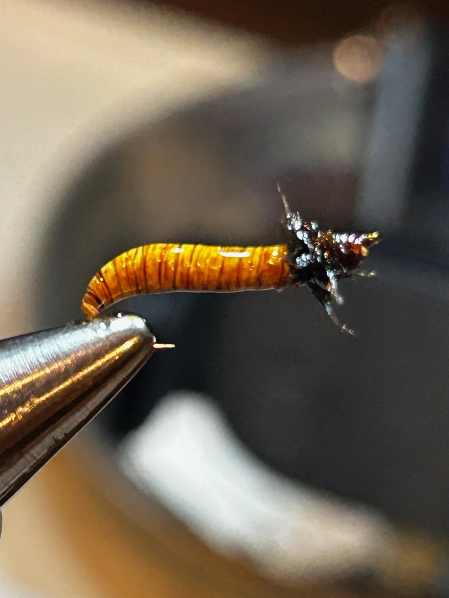 Close-up of a small fishing hook with a brown bait, possibly a maggot or larvae, on a metallic object.