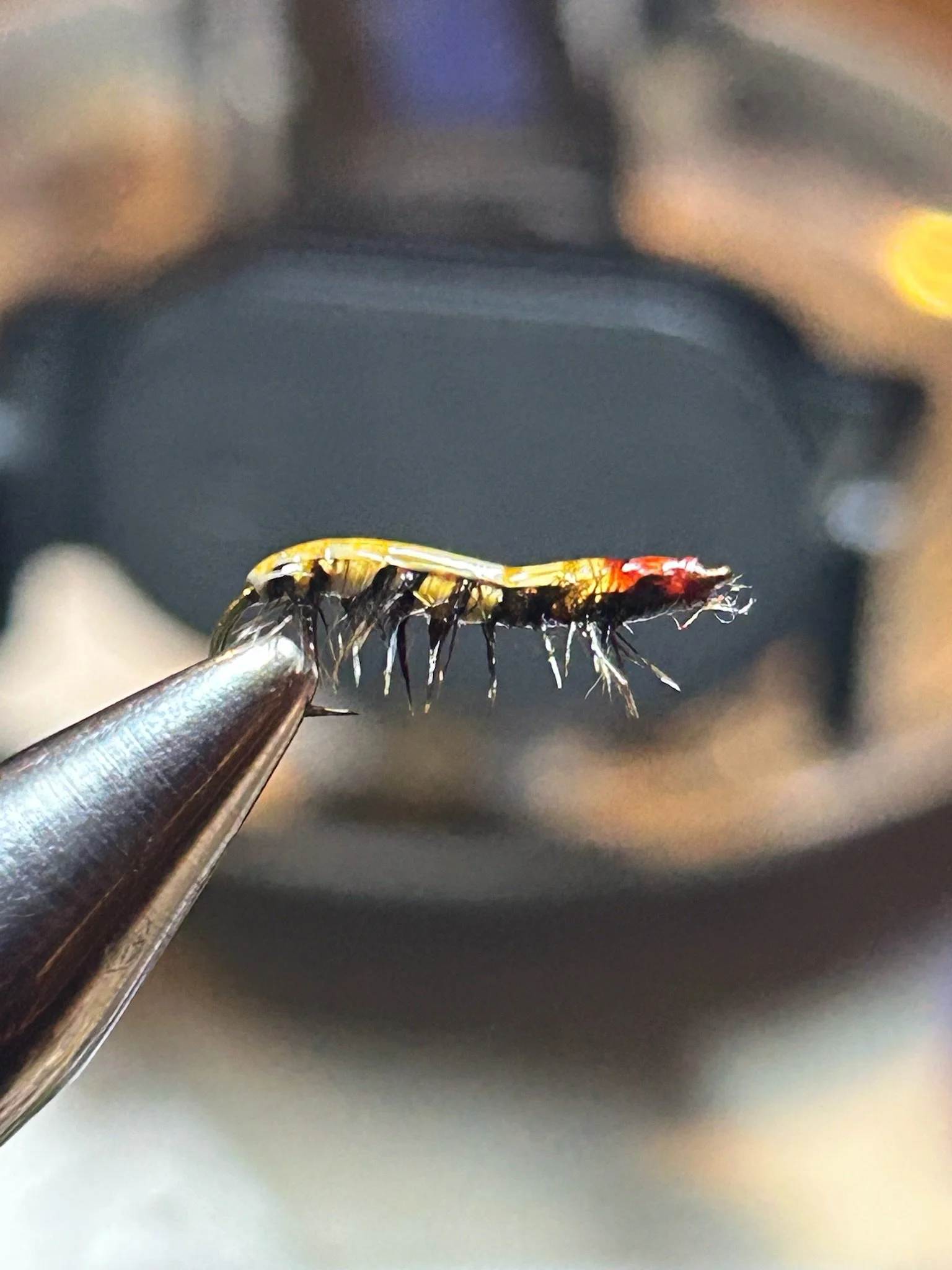 Close-up of a fishing fly held by tweezers, with a blurred black object in the background.